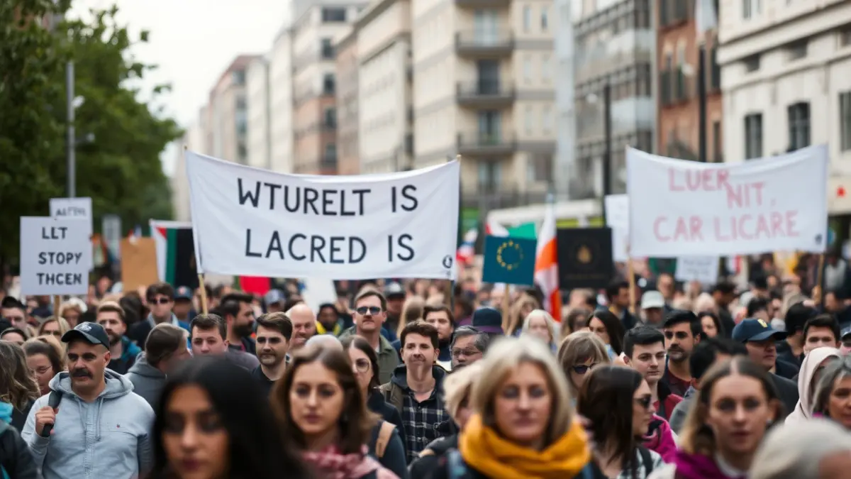 Manifestazio baten irudi generikoa, pankartak eta jendea kalean.