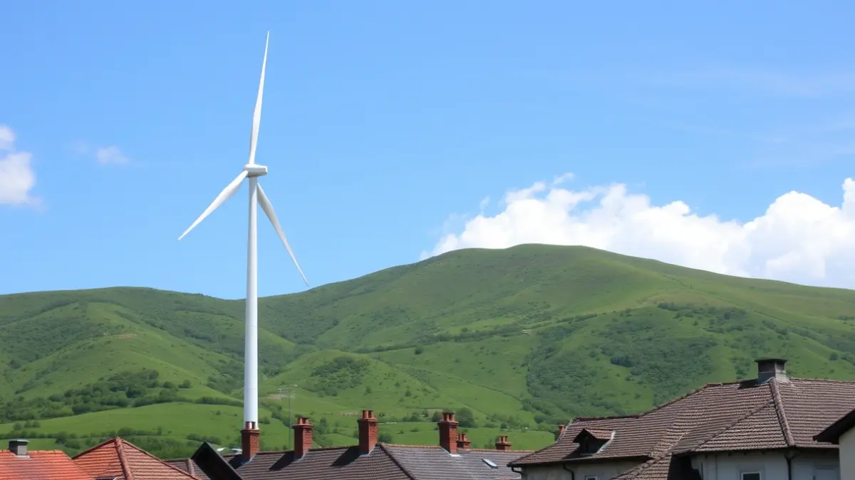 A wind turbine in a green Basque landscape, symbolizing the tension between local development and environmental conservation.