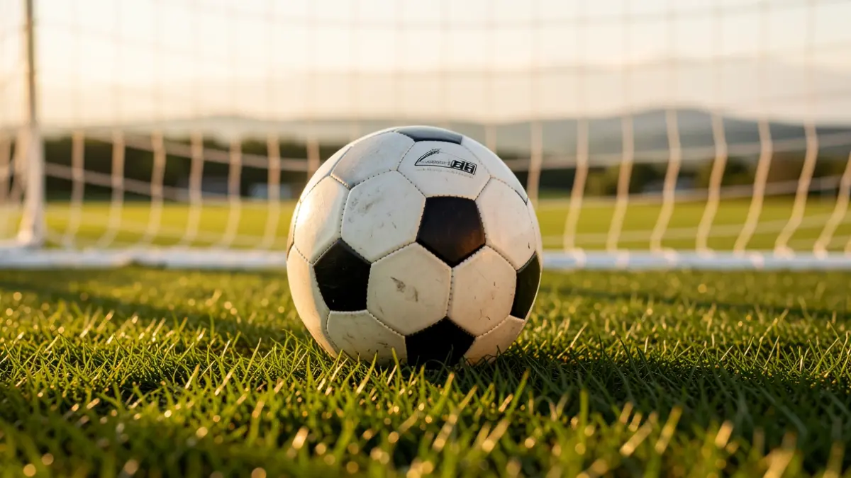 Imagen de primer plano de un campo de fútbol con un balón sobre el césped.