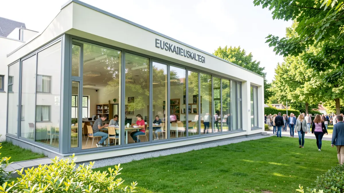 Imagen genérica: Exterior del euskaltegi municipal Aitzol de Tolosa, con estudiantes estudiando en el interior.
