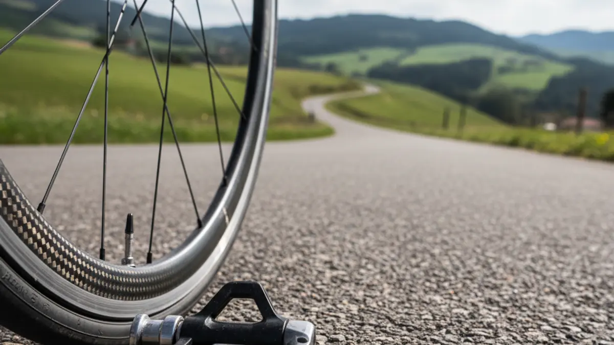 Generic image of a bicycle on a road, with green Urdaibai landscapes in the background.