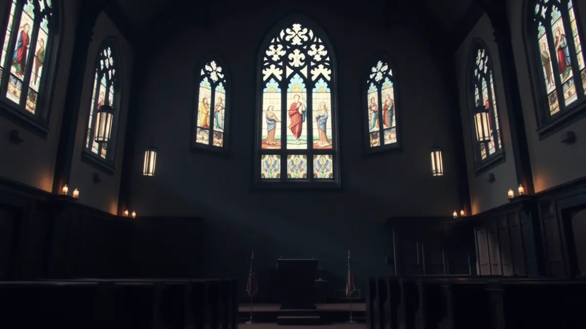 Church interior with warm light and an empty choir stand.