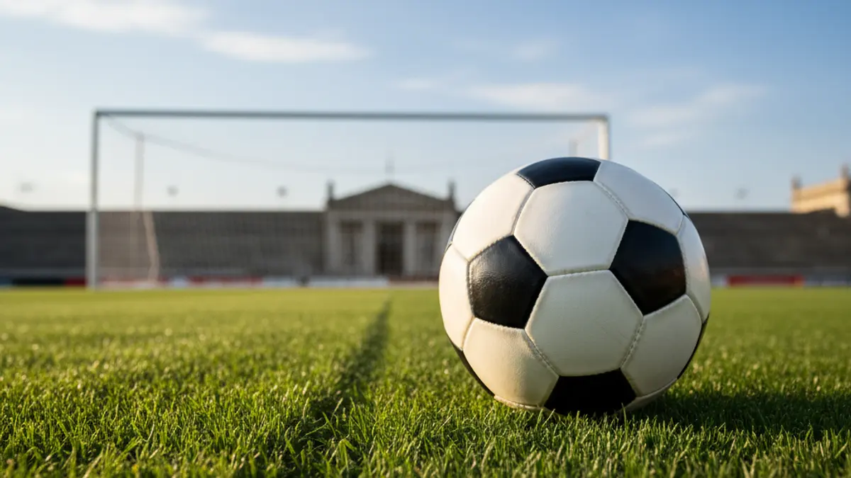 Irudi generikoa futbol baloi bat belar gainean, atzealdean ate sare lausoa duela.