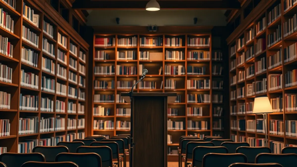 Generic image of a library interior with wooden bookshelves and a microphone.