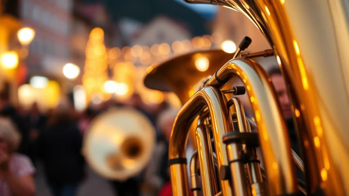 Generic image of a close-up of a brass band instrument, with blurred festive lights and people in the background.