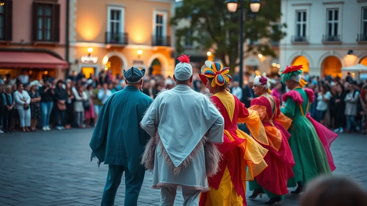 Generic image of a street performance with actors and an audience.