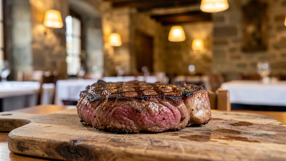 Generic image: a steak on a wooden board, with a traditional restaurant in the background.