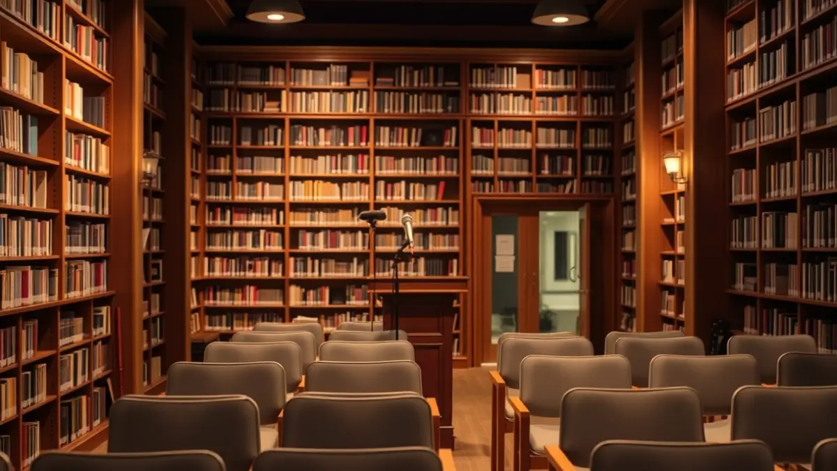 Generic image of a library interior with wooden bookshelves, a microphone on a small podium, and rows of chairs.