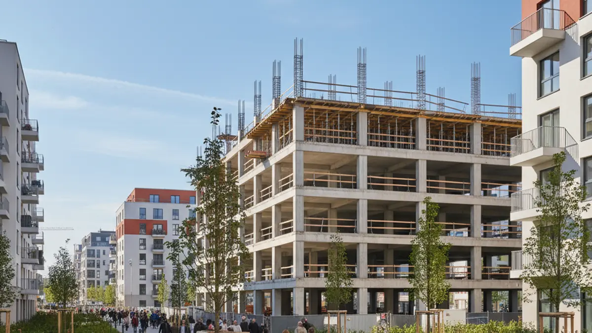 Generic image of a new parking building under construction, representing the final phase of the Altzate urban development.