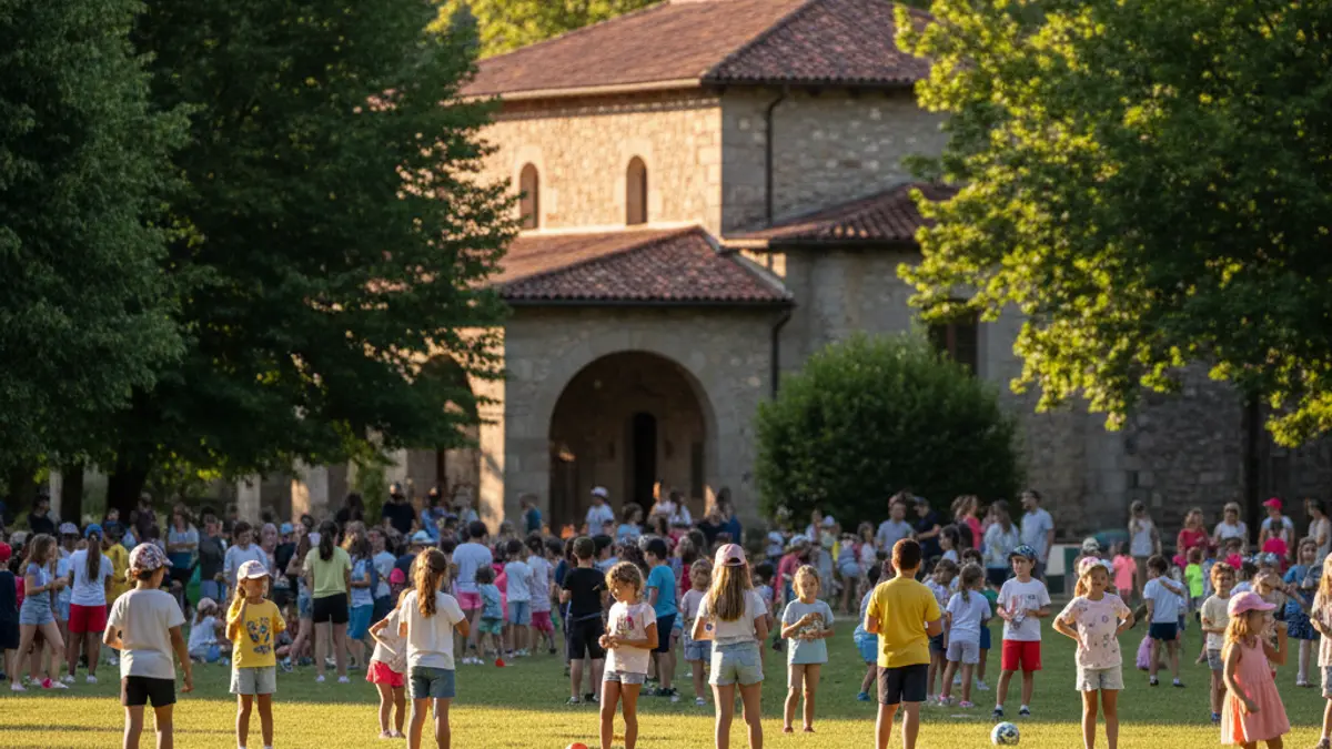 Children playing in summer camps, with a traditional Basque building in the background.