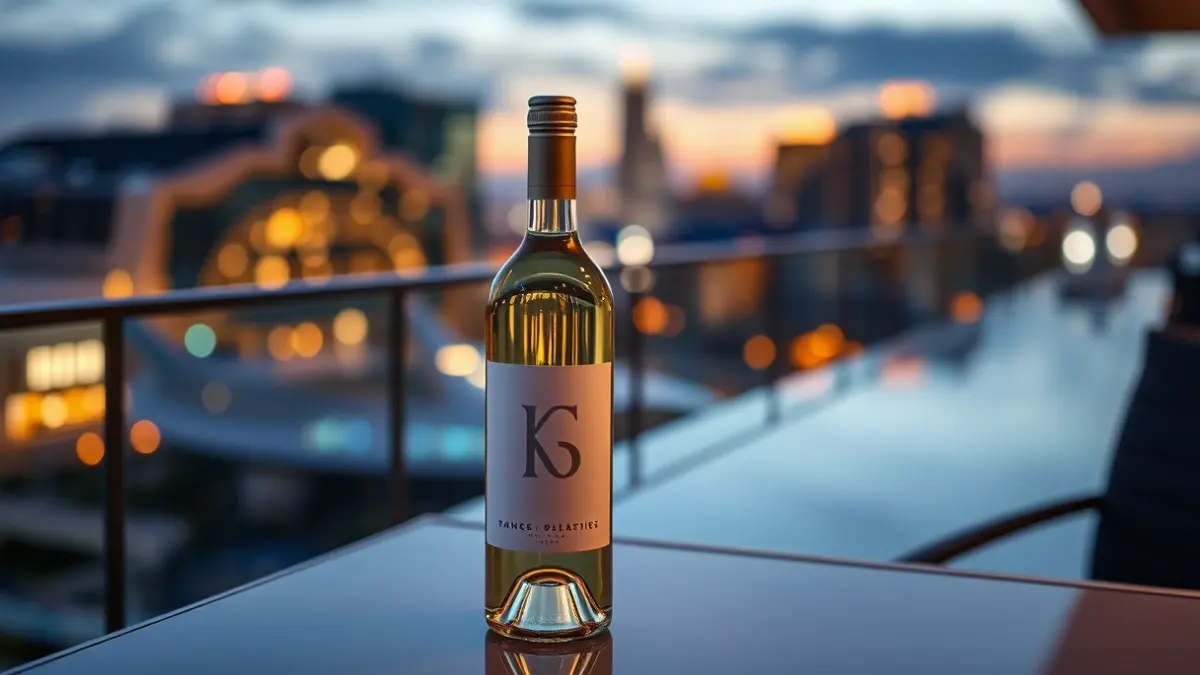 An elegant white wine bottle on a hotel terrace, with blurred city lights in the background.