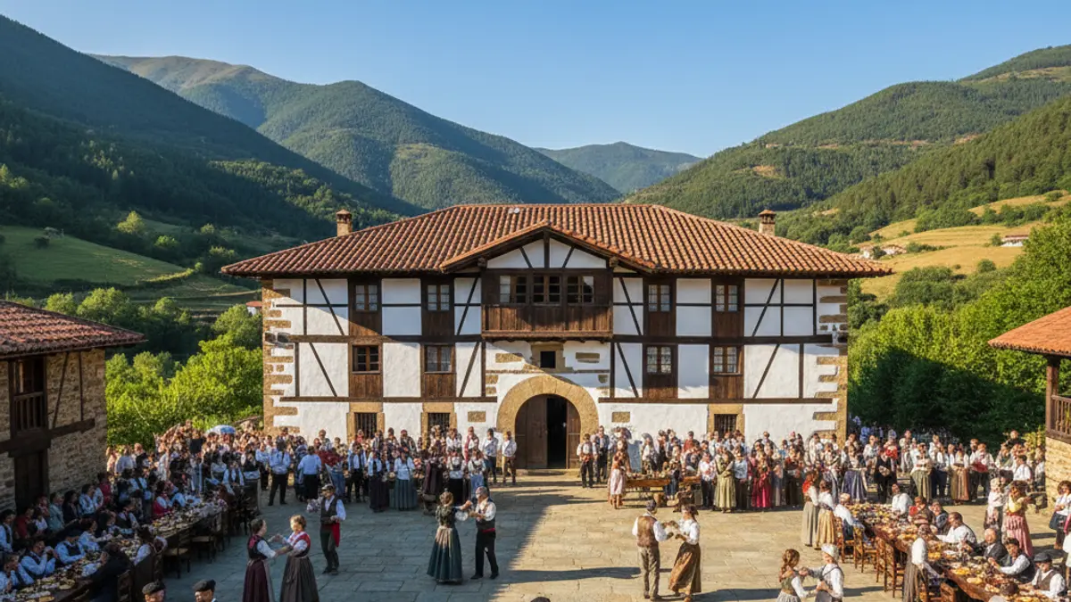 Image of a traditional Basque farmhouse surrounded by green mountains, suggesting a community event.