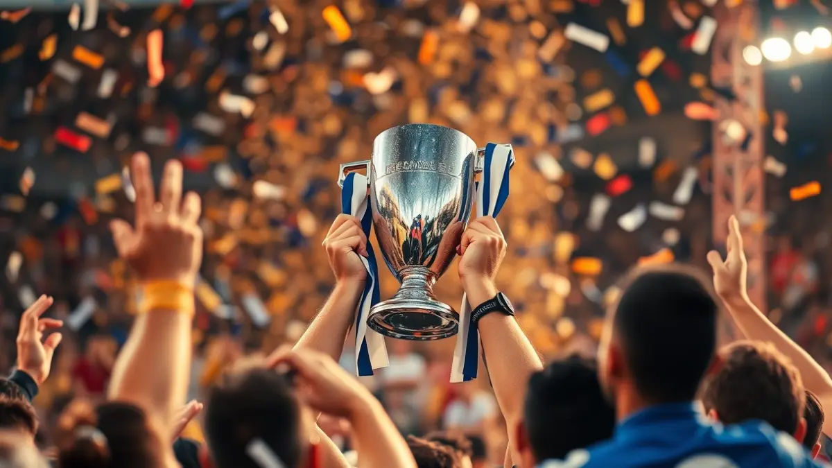 Imagen genérica: Un trofeo de fútbol siendo alzado en un ambiente de celebración, con confeti cayendo.