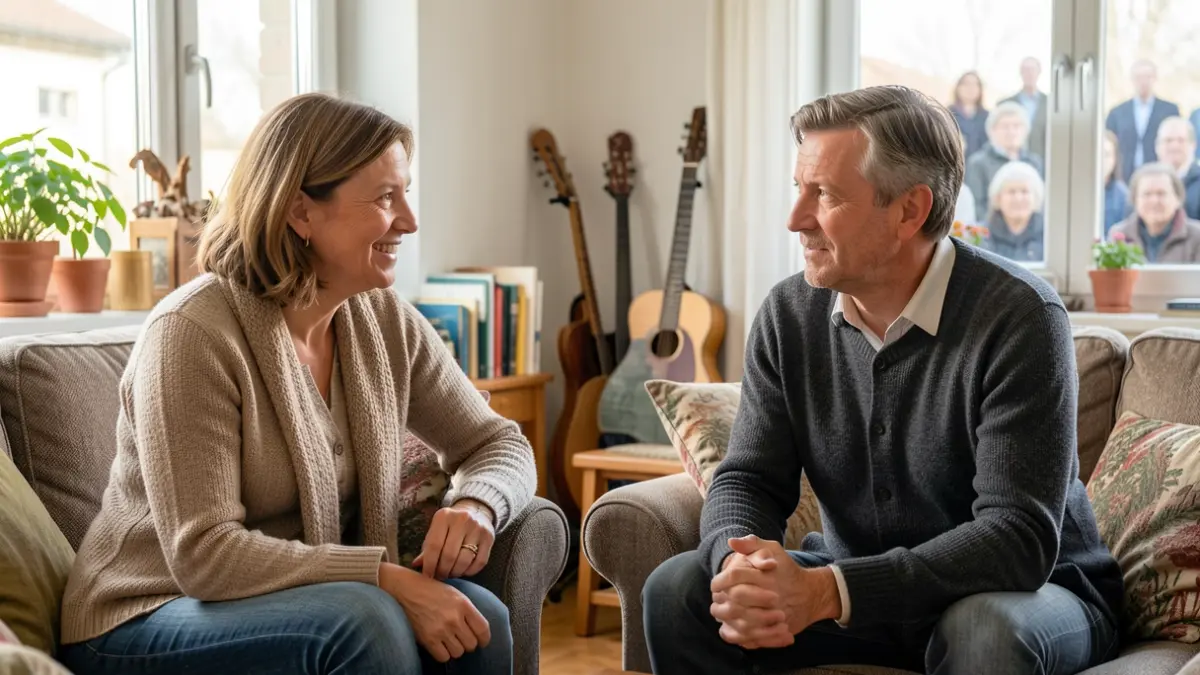 Generic image: two siblings, a woman and a man, conversing in a living room in Euskadi.