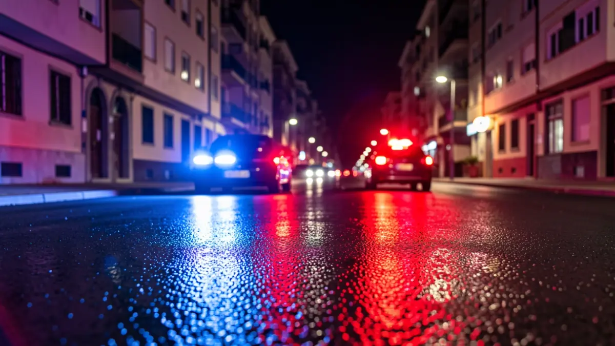 Generic image: blue and red emergency lights reflecting on wet asphalt in a residential area of Bilbao at night.