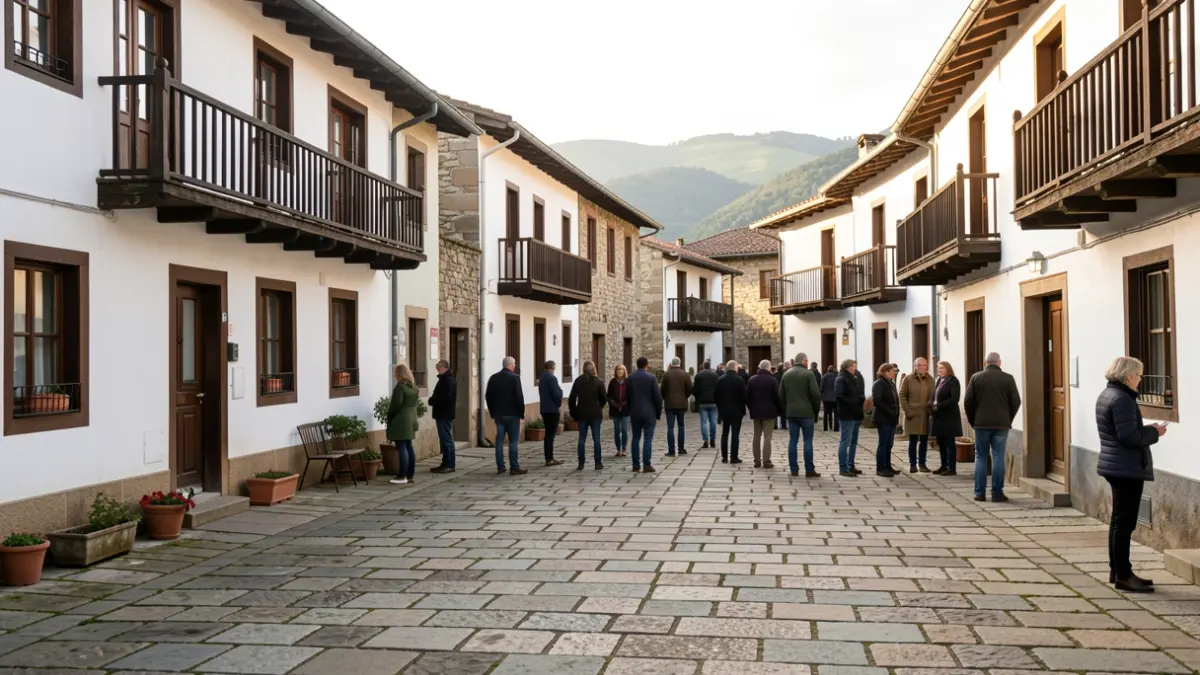 Imagen general del núcleo urbano de Añes, preparado para la celebración de sus fiestas.
