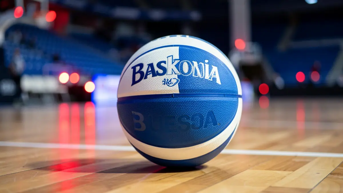 Irudi generikoa: Saskibaloi pilota Baskoniaren koloreekin, Buesa Arenako harmailetan.