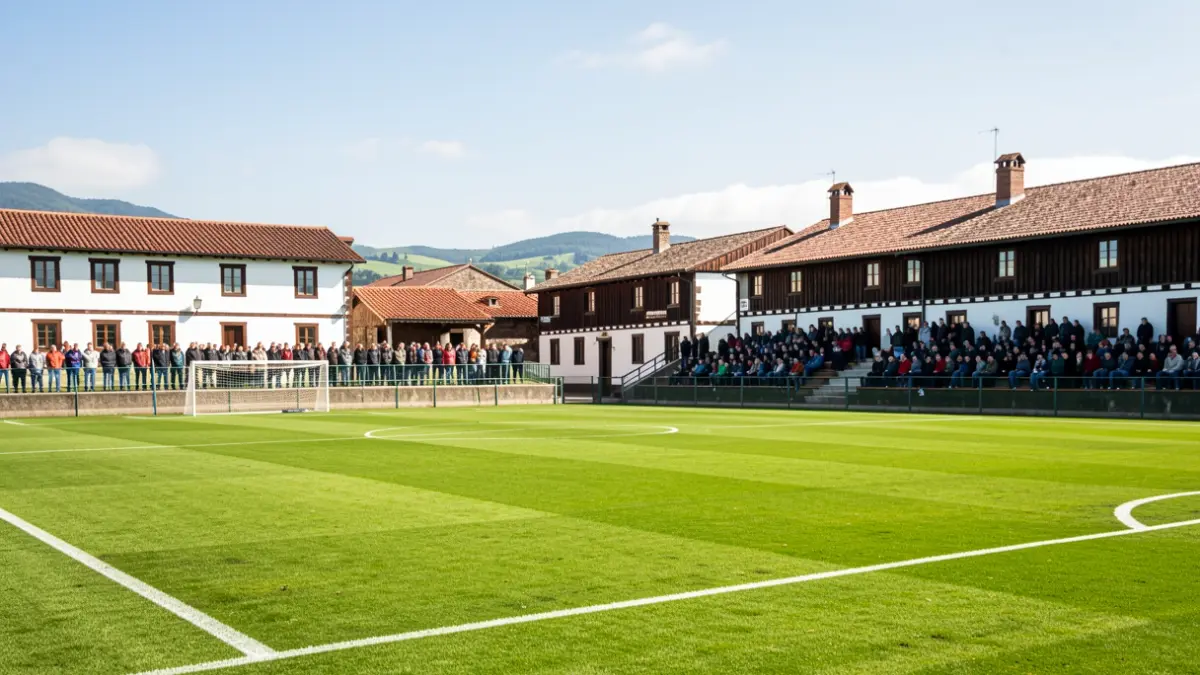 Futbol zelaia Euskal Herrian, paisaia tradizionalarekin.