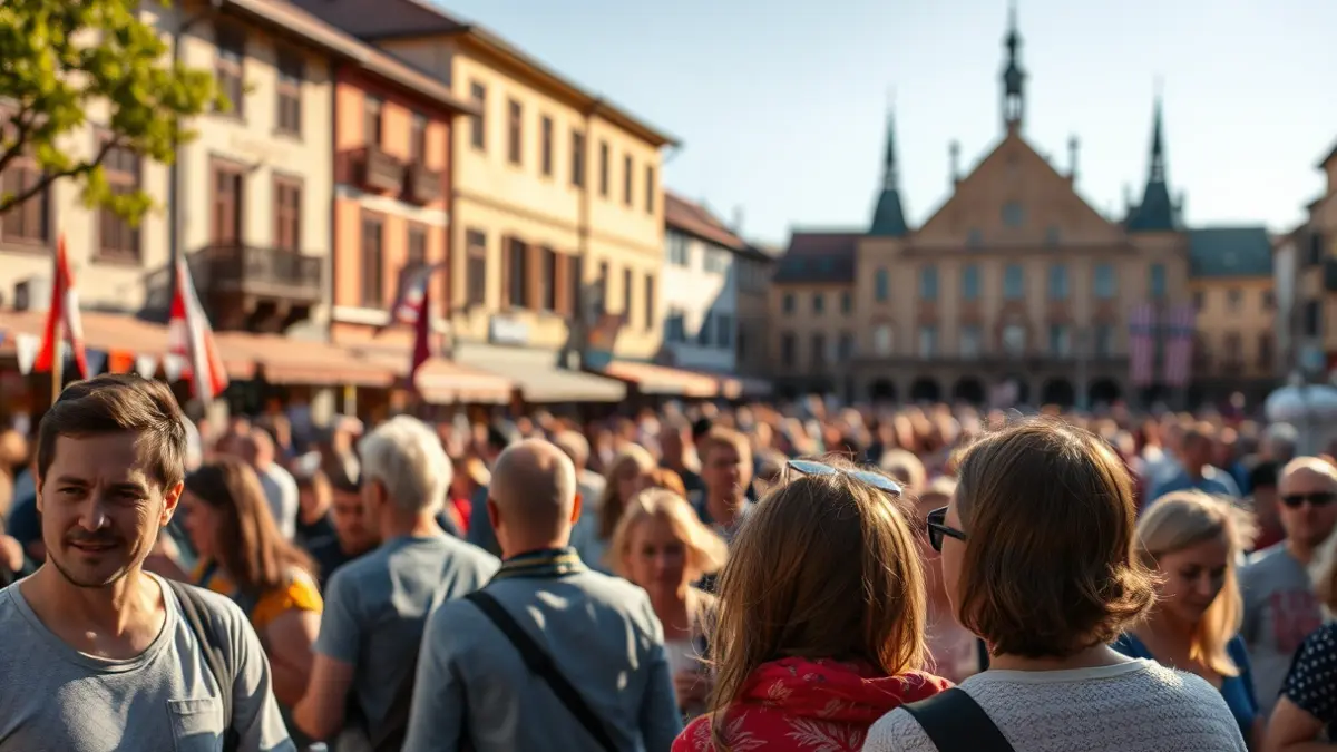Crowd of people in a festive atmosphere, celebrating the local patron saint's day.