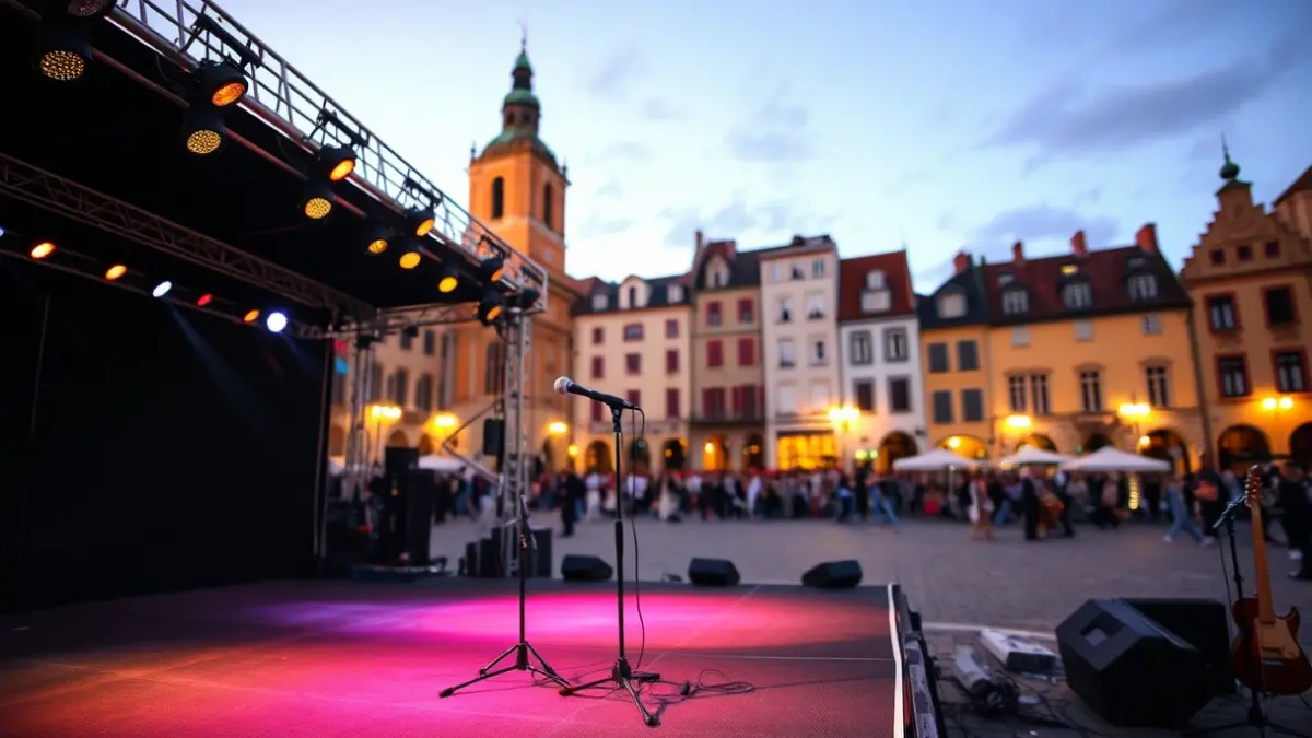 A music stage in a town square in Santa Cruz de Campezo, with lights on and instruments ready.