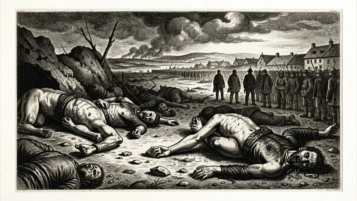 Goya margolariaren 'Gerrako Desastreen' grabatuaren hurbileko irudia, gorpu zatiekin eta paisaia desolatu batekin.