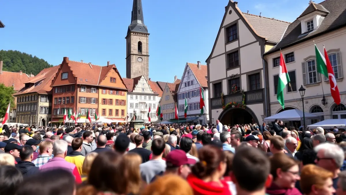 Generic image of a festive romería atmosphere in Euskadi, with crowds and traditional architecture in the background.