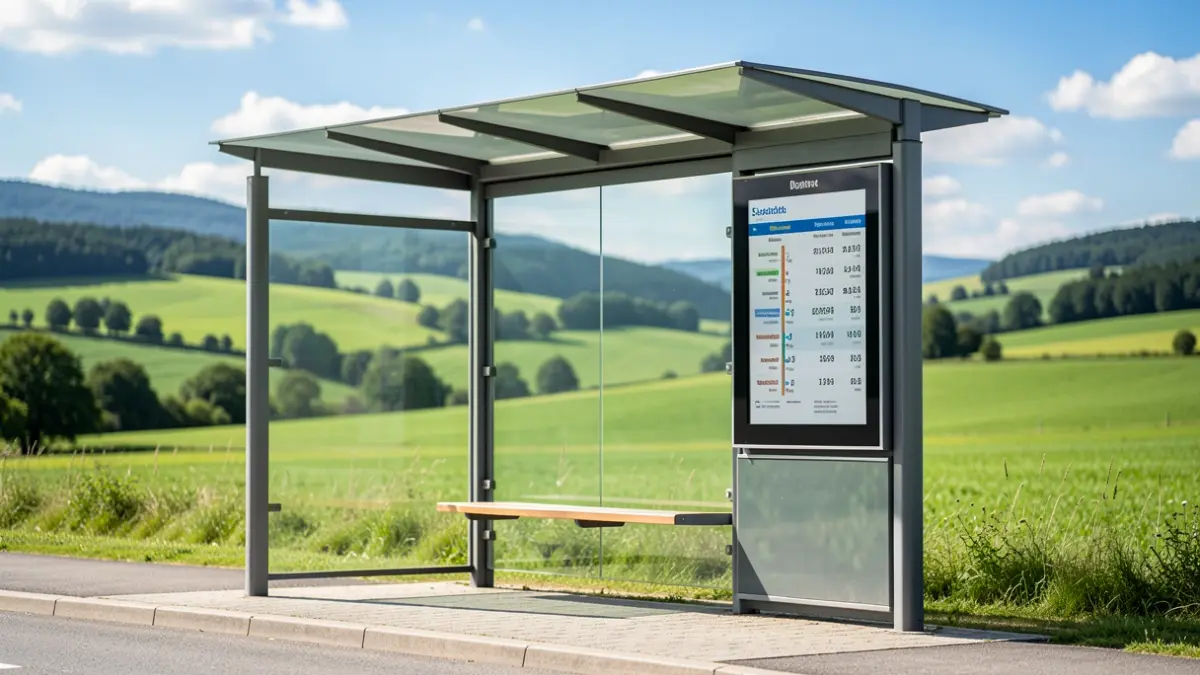 Imagen genérica de una parada de autobús moderna en un paisaje rural de Euskadi.