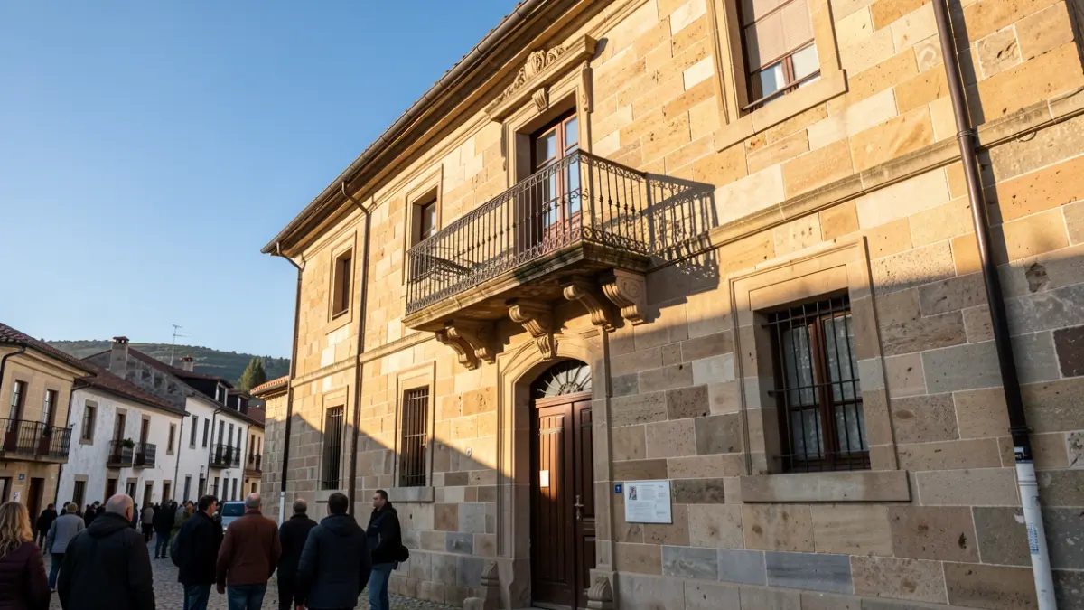 Generic image of a stone town hall facade in Euskadi with an ornate balcony, in midday light.