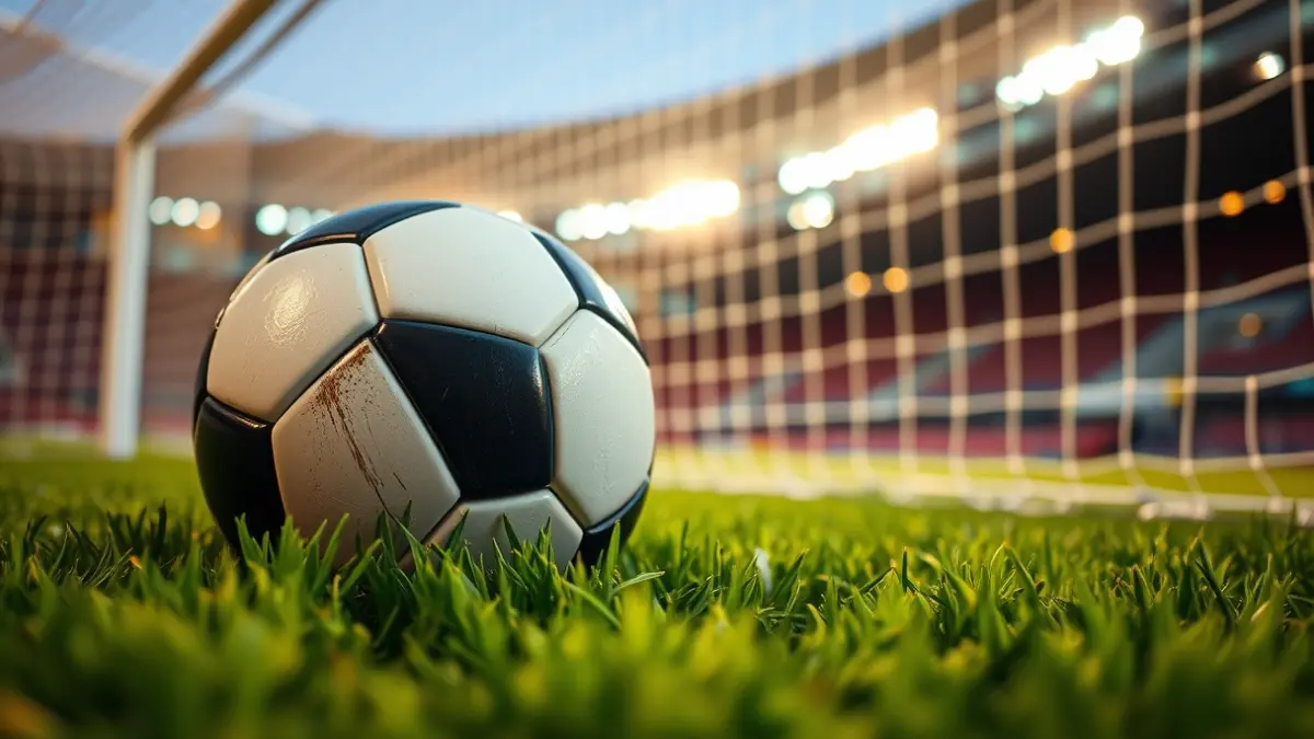 Generic image of a soccer ball on grass, with a blurred goal net in the background.