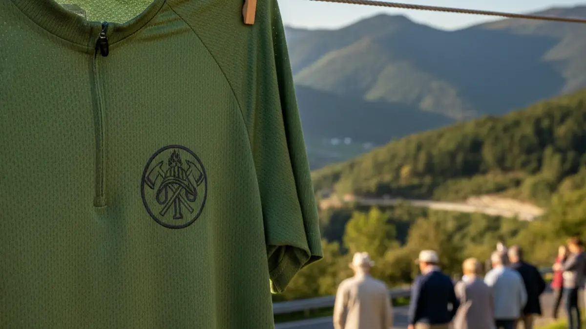 Suhiltzaileen martxa zikloturistaren maillot berdea, Euskadiko paisaia baten aurrean.