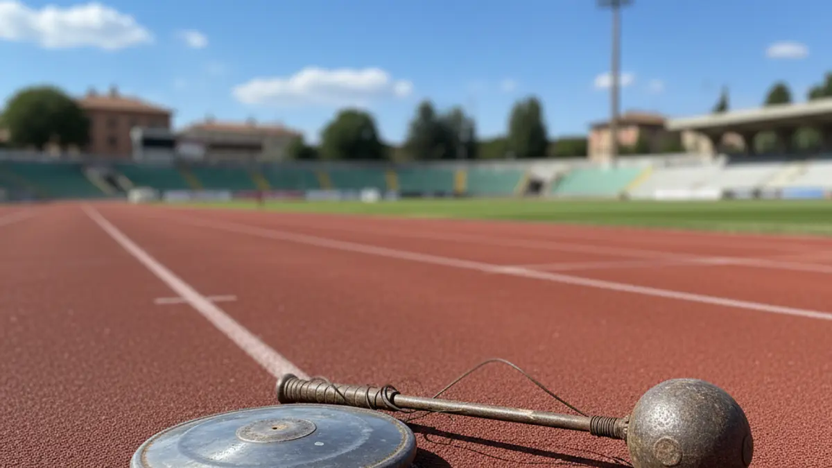 Irudi generikoa disko eta mailu bat atletismo pista batean.