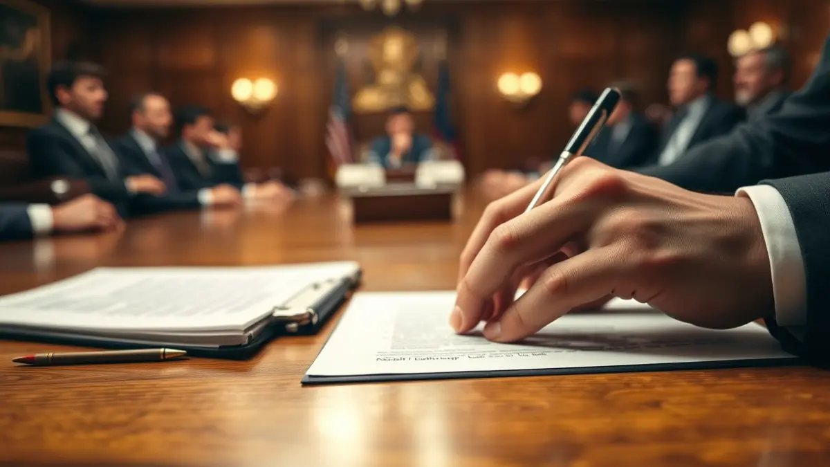 Hands signing a document, symbolizing legislative work.