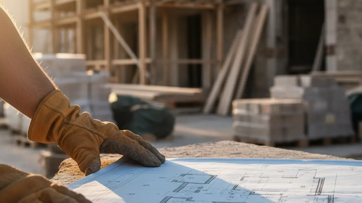 Imagen genérica de obras de construcción, manos sosteniendo un plano.