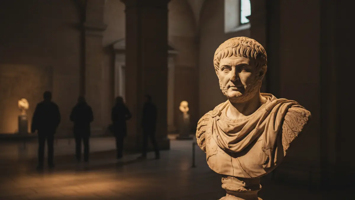 Una galería de museo tenuemente iluminada con un foco sobre un artefacto romano antiguo, figuras borrosas al fondo.