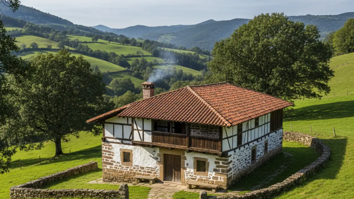 Imagen de un caserío tradicional alavés, con paredes de piedra y vigas de madera, rodeado de montañas verdes.