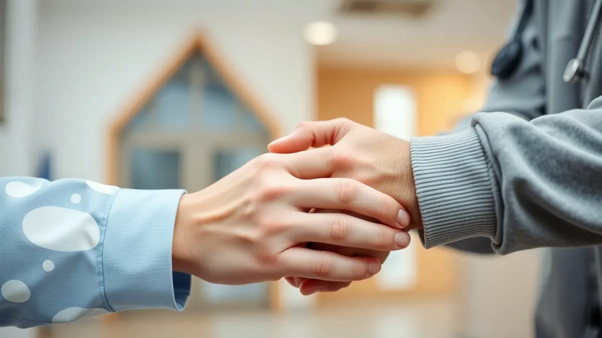 Generic image: Healthcare professional's hands holding a patient's hand.