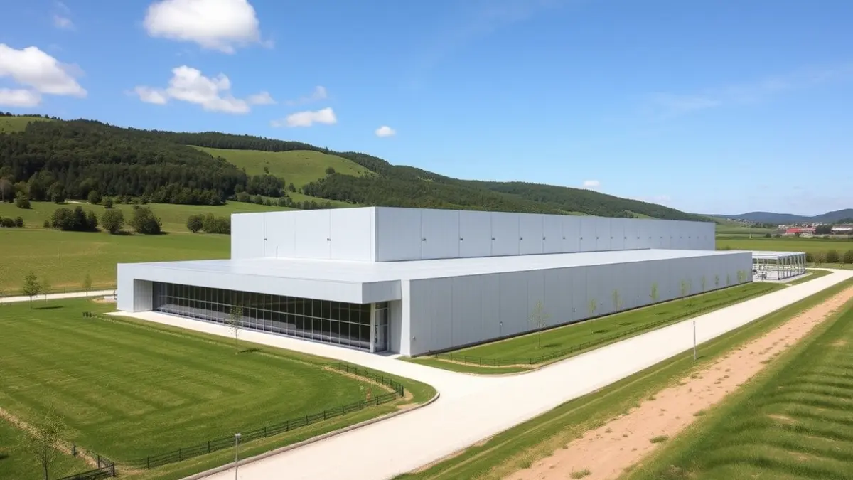 Datu-zentro moderno baten irudia, diseinu minimalistarekin eta ingurune industrial berdearekin.