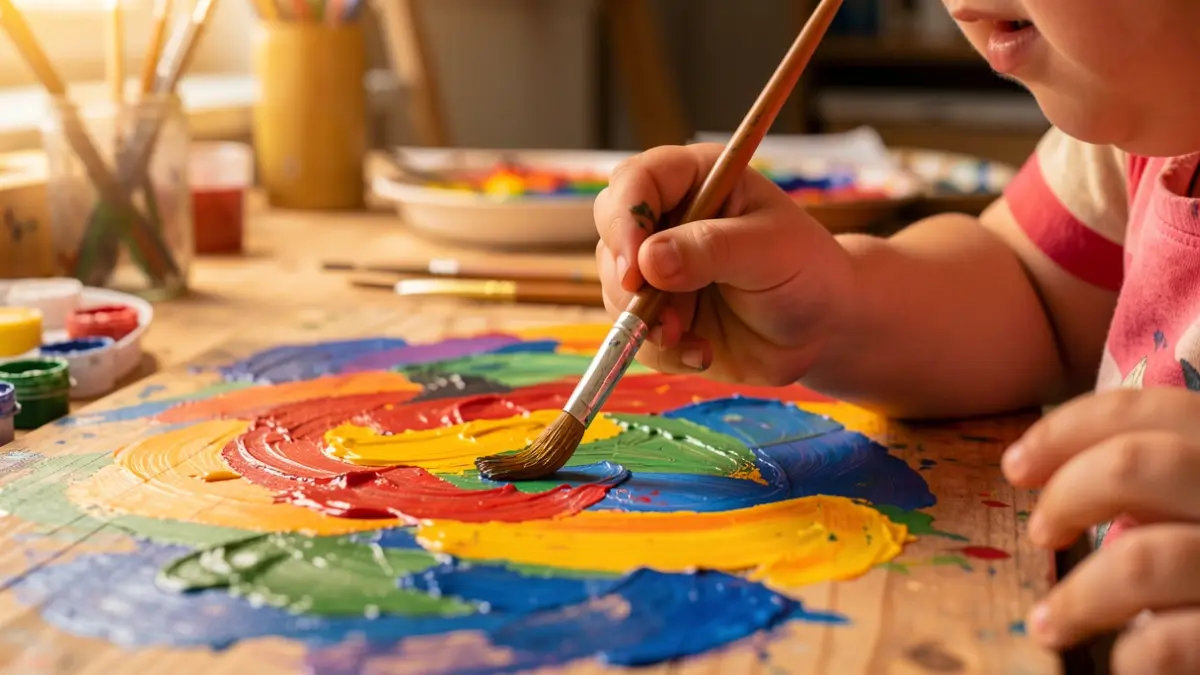 Haurren eskuak egurrezko gainazal batean margotzen, arte abstraktuan inspiratuta.