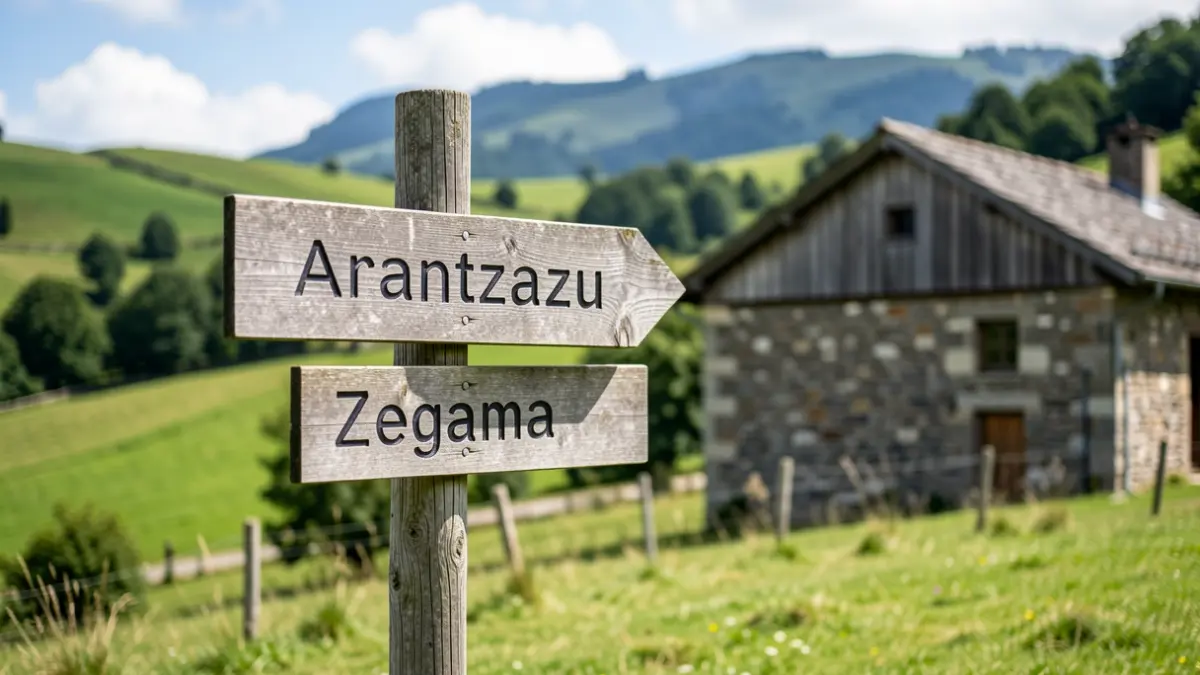 Seinalea Arantzazura eta Zegamara doan bidea erakusten duena, Euskal Herriko paisaian.