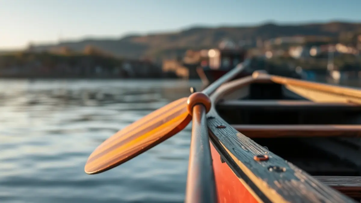 Generic image of a trainera oar resting on a wooden dock, with blurred water and a distant coastline in the background.