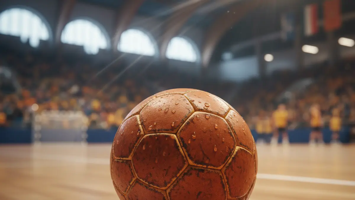 Generic image of a handball on a sports court with dynamic lighting.