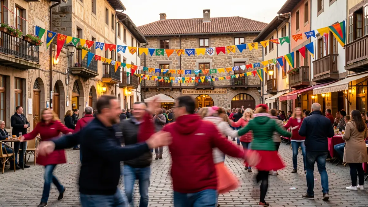 Generic image: A town square in a Basque village during a dance festival, with blurred figures of dancers and traditional architecture.