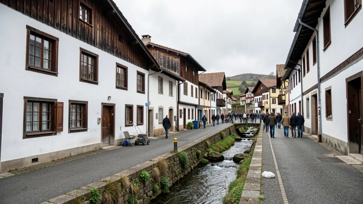 Imagen genérica de una calle de Aretxabaleta con un arroyo y equipo de control.