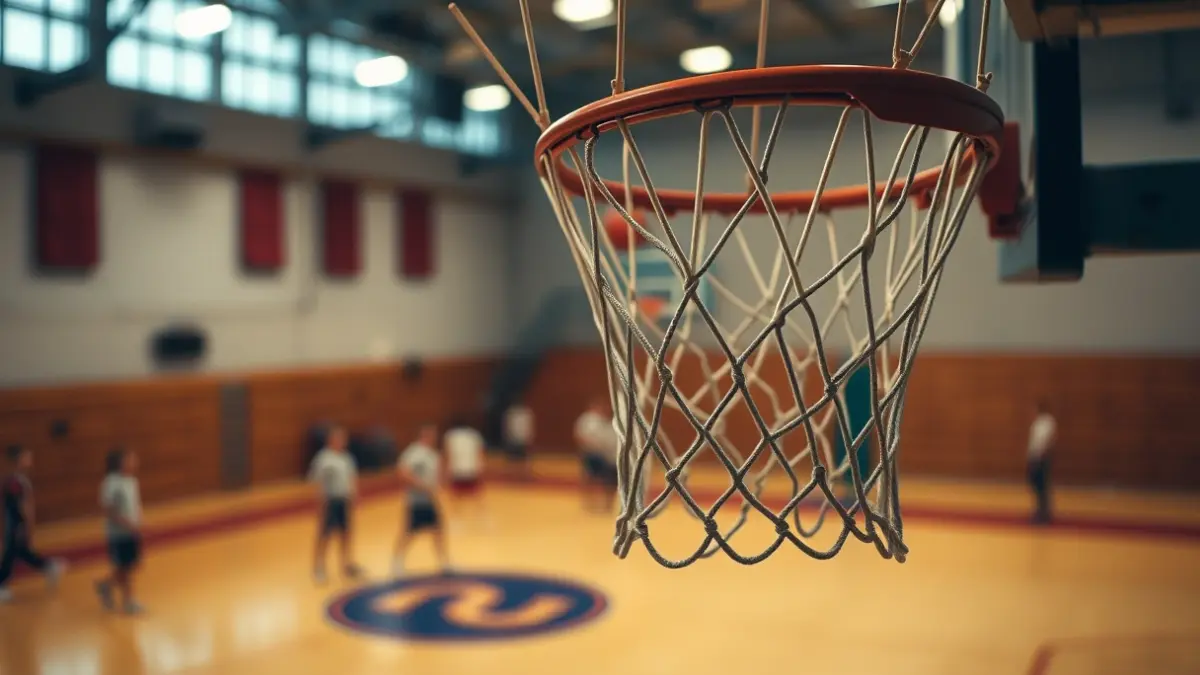 Imagen genérica de una red de baloncesto con la cancha difuminada al fondo.