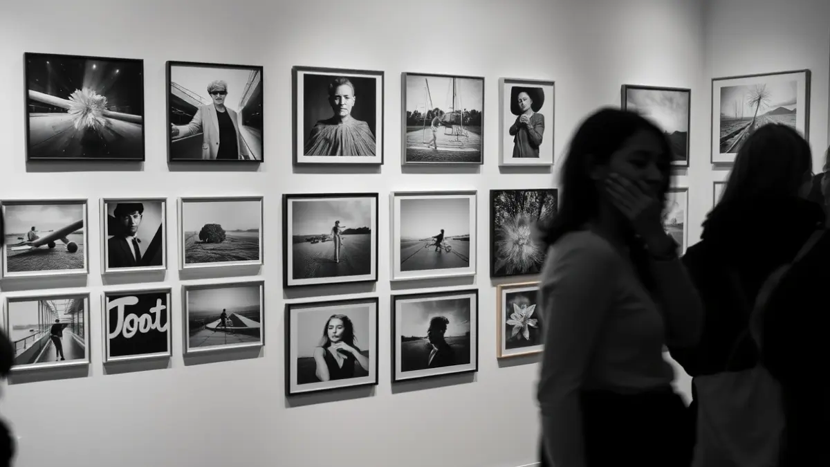 Generic image of a photography exhibition, with photos hanging on walls and people observing.