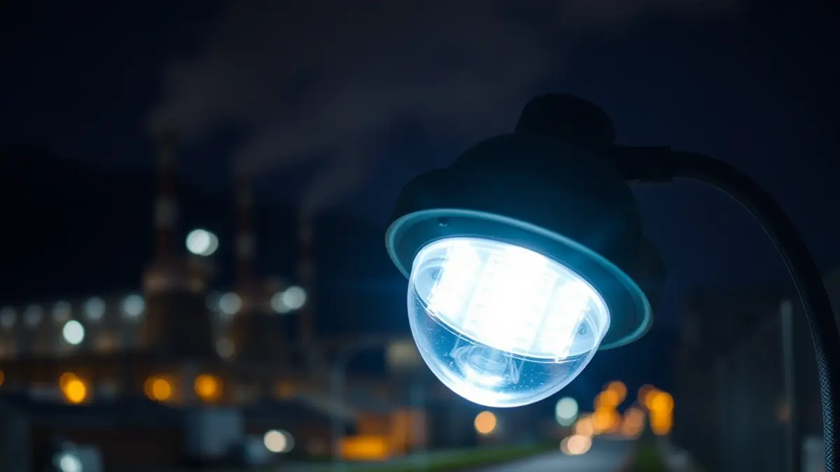 LED argiztapen sistema berri baten irudi generikoa, gauez industria-eremu bat argiztatzen duena.