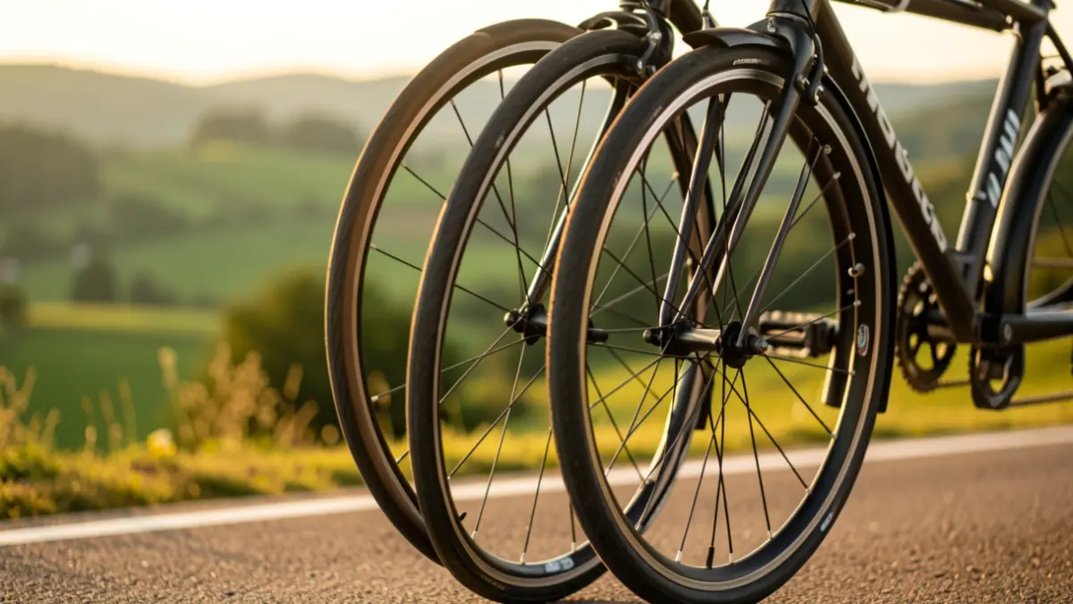 Primer plano de la rueda de una bicicleta tándem, con colinas vascas borrosas al fondo. Iluminación de hora dorada.