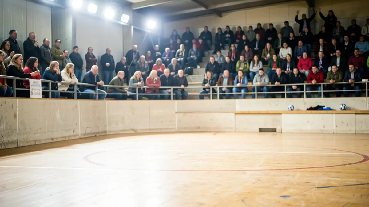 Irudi generikoa: pilota-pista argiztatua, jendea lausotuta.