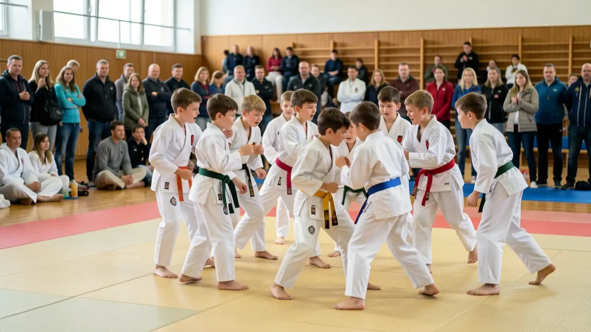 Judo topaketan parte hartzen duten haurren argazkia.