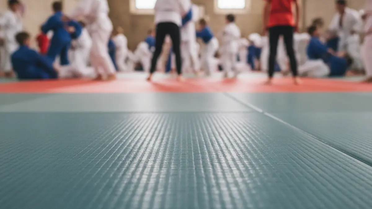 Irudi generikoa judo-mat baten gainean, haurrak atzealdean lausotuta.